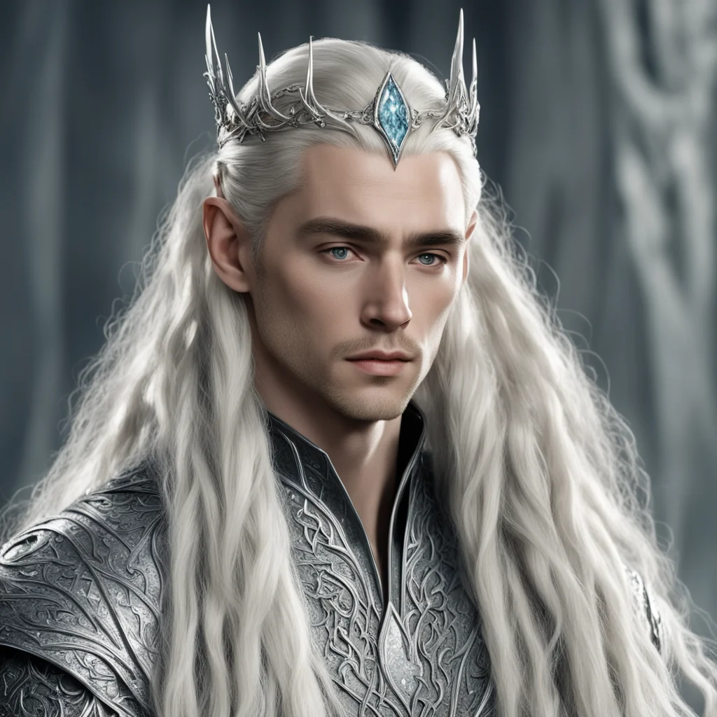 aiking thranduil with blond hair and braids wearing large silver vine elvish hair forks encrusted with large diamonds connected to large center diamond