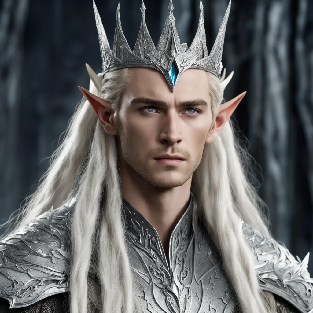 aiking thranduil with blond hair and braids wearing large silver wood elf crown encrusted with diamonds and large center diamond  amazing awesome portrait 2