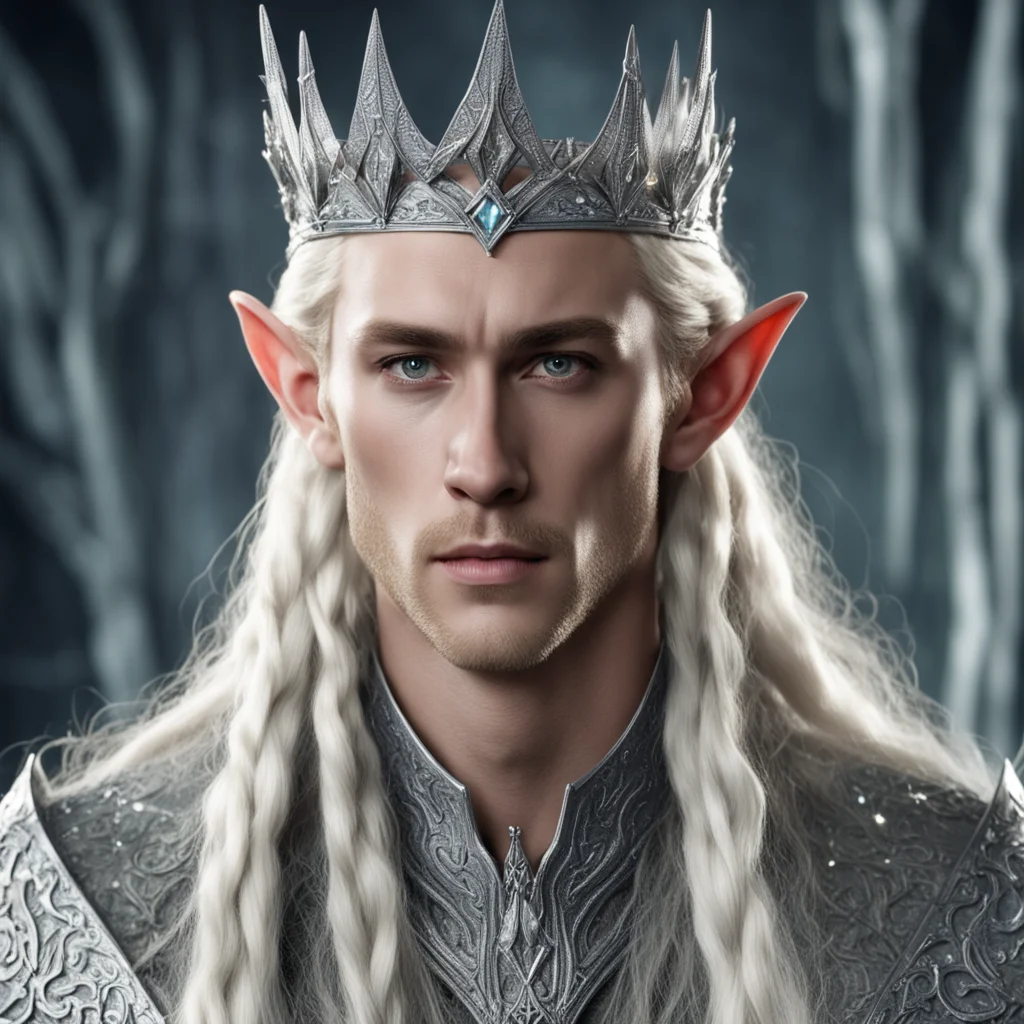 aiking thranduil with blond hair and braids wearing large silver wood elf crown encrusted with diamonds and large center diamond  confident engaging wow artstation art 3