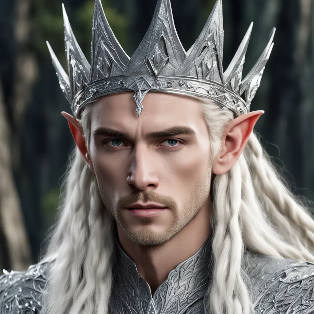 aiking thranduil with blond hair and braids wearing large silver wood elf crown encrusted with diamonds and large center diamond  good looking trending fantastic 1