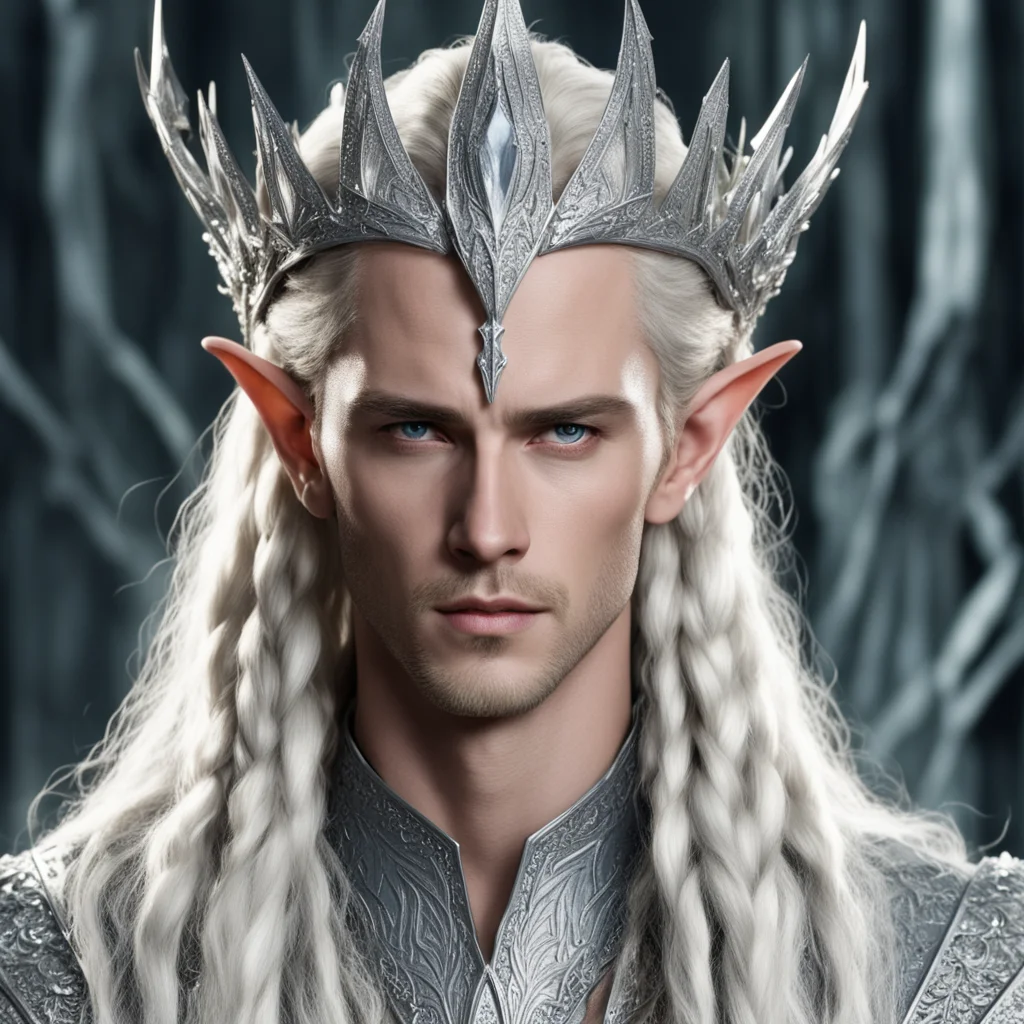 aiking thranduil with blond hair and braids wearing large silver wood elf crown encrusted with diamonds and large center diamond 