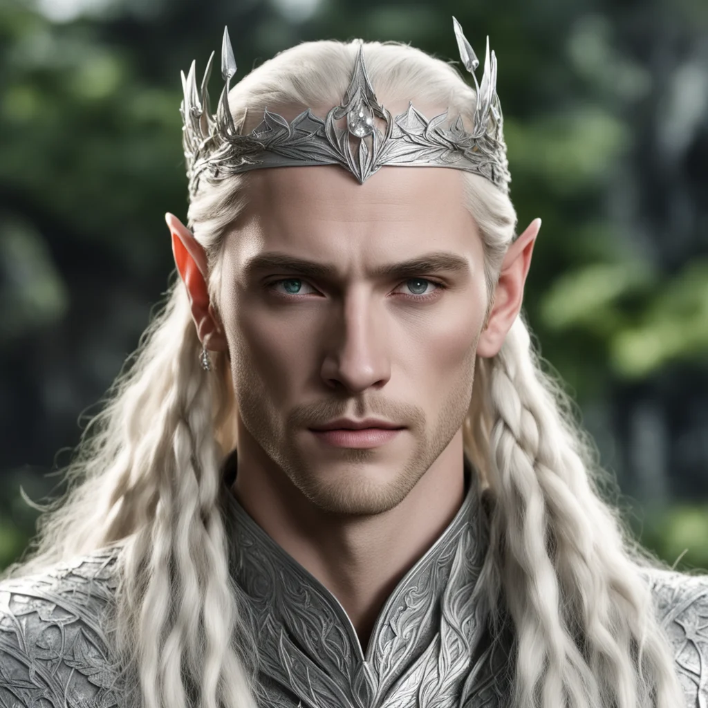 aiking thranduil with blond hair and braids wearing laurel leaf elvish circlet made of silver with large diamonds amazing awesome portrait 2