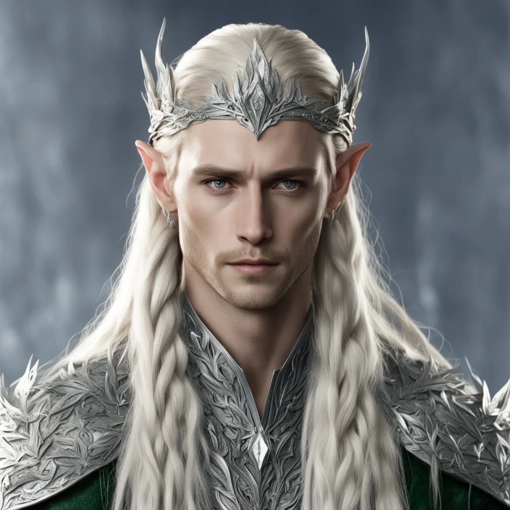 aiking thranduil with blond hair and braids wearing laurel leaf elvish circlet made of silver with large diamonds good looking trending fantastic 1