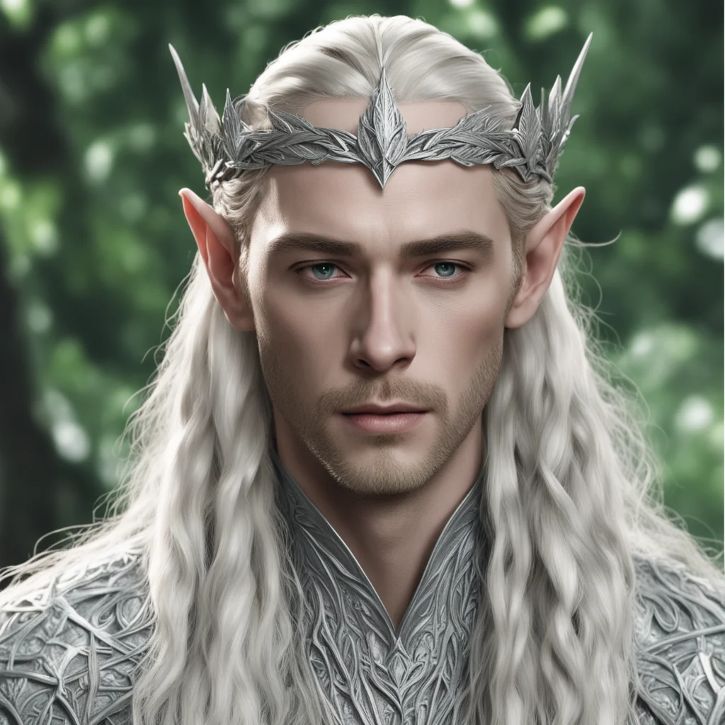 aiking thranduil with blond hair and braids wearing laurel leaf elvish circlet made of silver with large diamonds