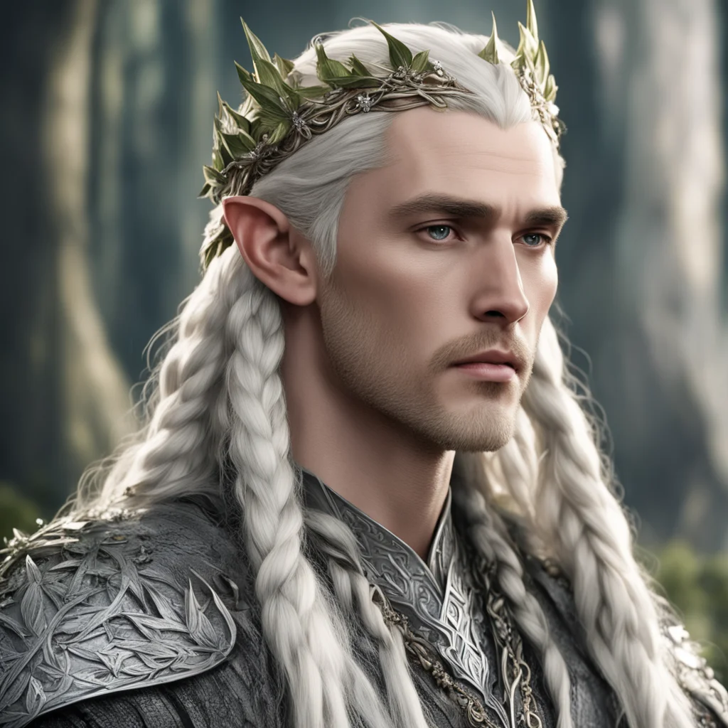 aiking thranduil with blond hair and braids wearing laurel leaves made of silver and berries made of large diamonds in the hair amazing awesome portrait 2