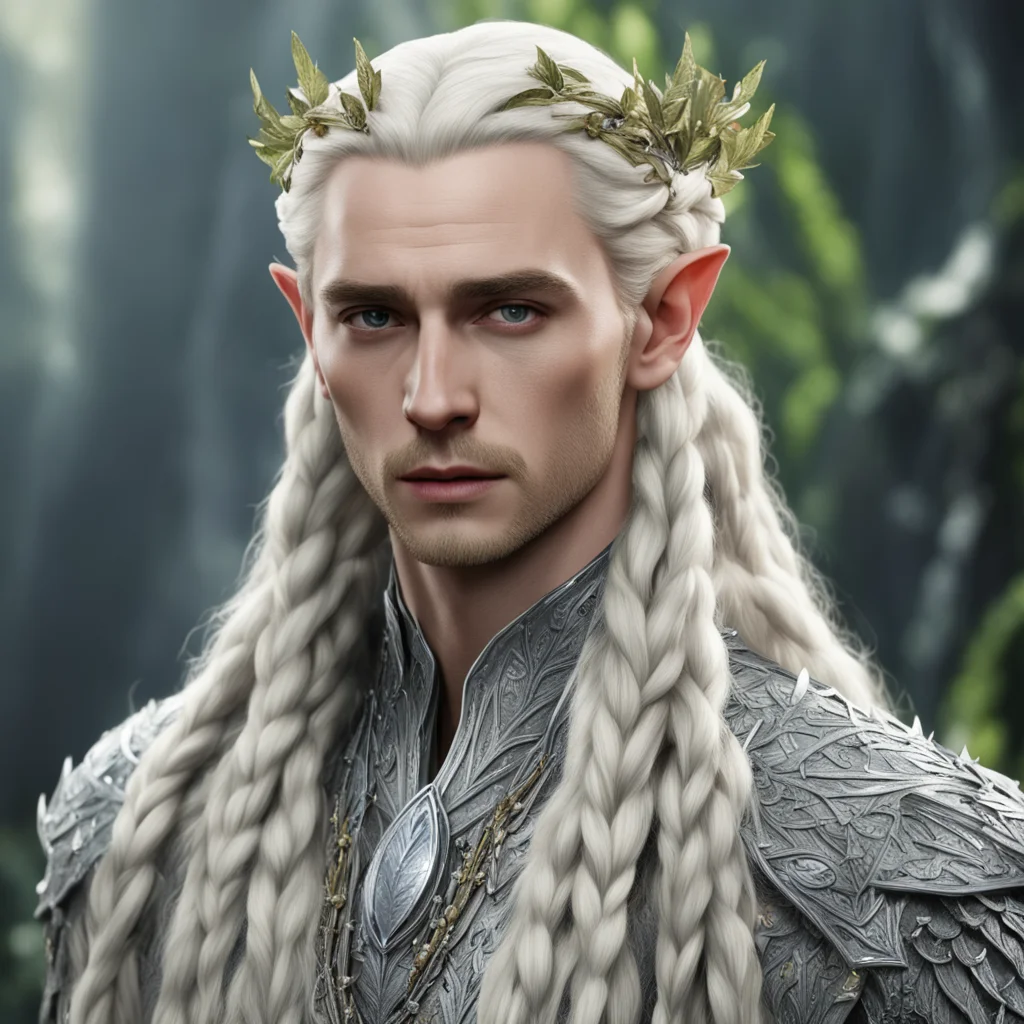 aiking thranduil with blond hair and braids wearing laurel leaves made of silver and berries made of large diamonds in the hair confident engaging wow artstation art 3