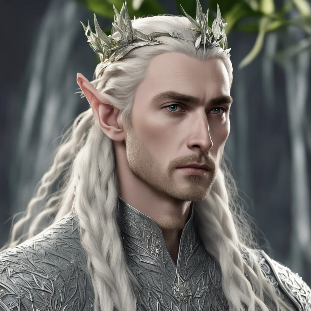 king thranduil with blond hair and braids wearing laurel leaves made of silver and berries made of large diamonds in the hair good looking trending fantastic 1
