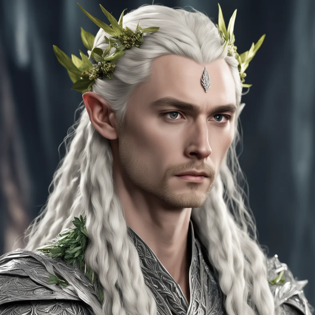 aiking thranduil with blond hair and braids wearing laurel leaves made of silver and berries made of large diamonds in the hair