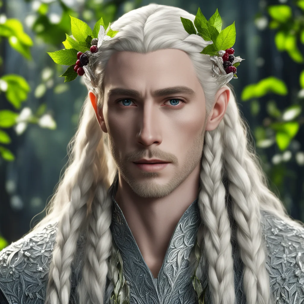 aiking thranduil with blond hair and braids wearing leaves made of silver and berries made of diamonds in the hair amazing awesome portrait 2