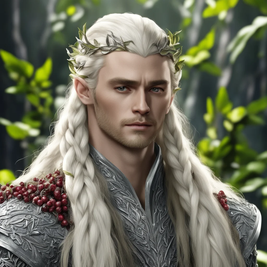 aiking thranduil with blond hair and braids wearing leaves made of silver and berries made of diamonds in the hair confident engaging wow artstation art 3