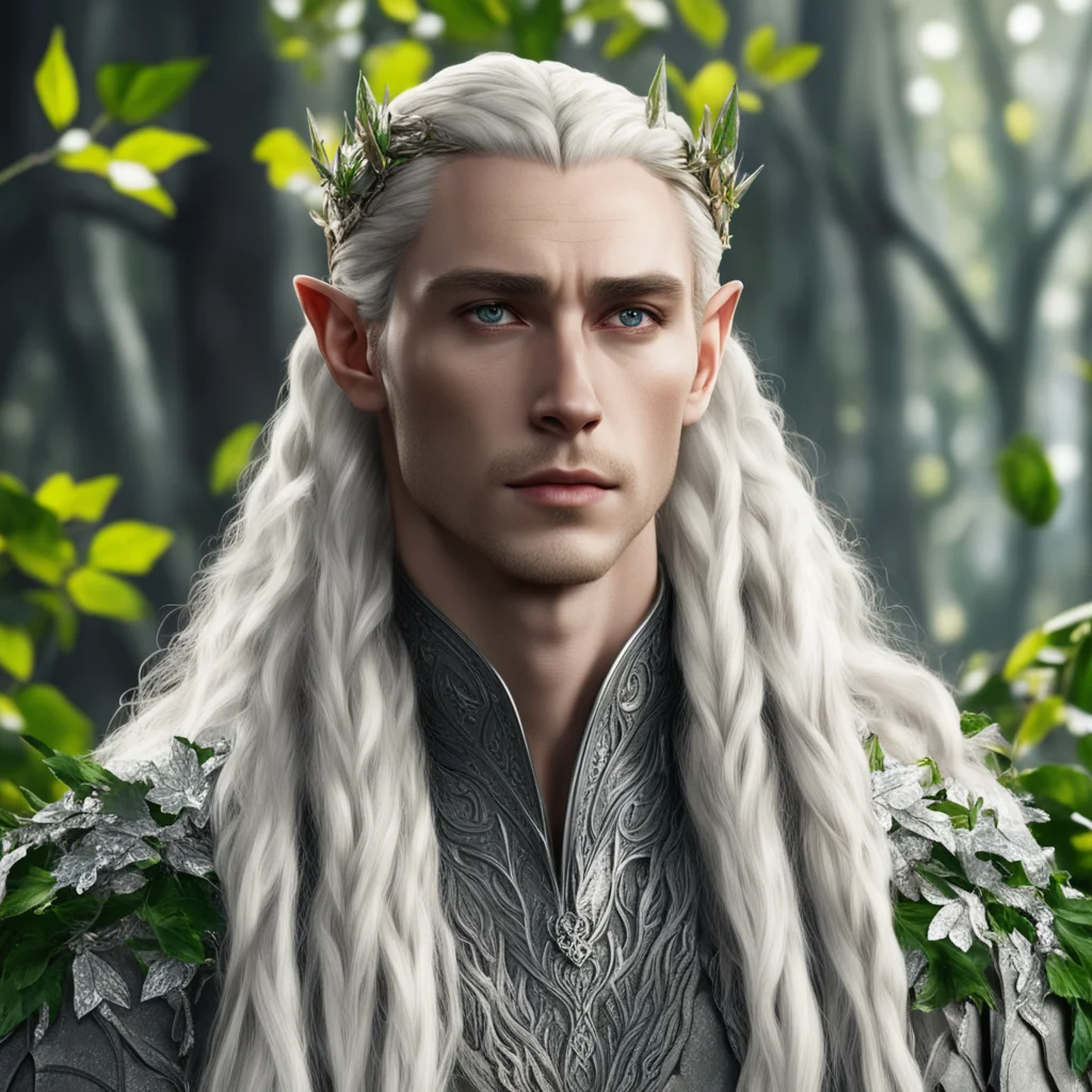 aiking thranduil with blond hair and braids wearing leaves made of silver and berries made of diamonds in the hair