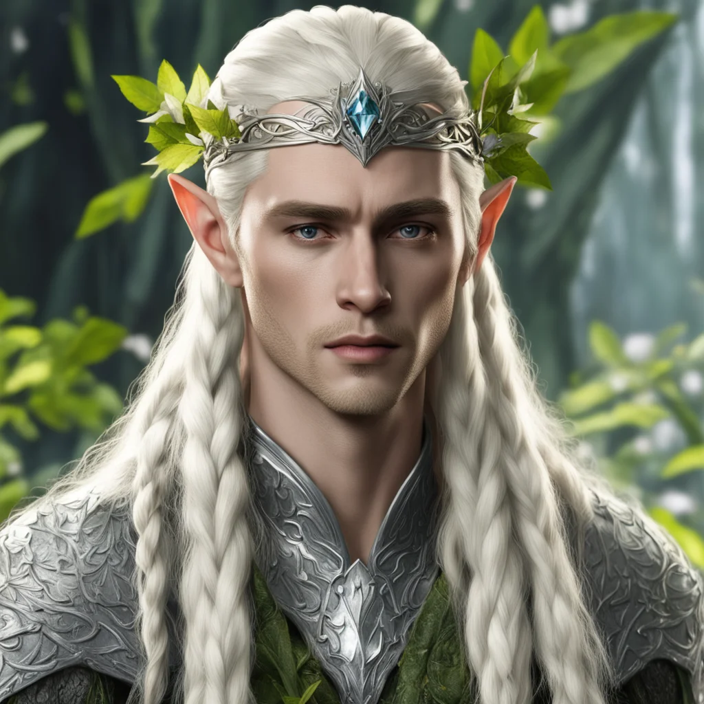 aiking thranduil with blond hair and braids wearing leaves of silver and large diamond cluster elvish circlet  amazing awesome portrait 2