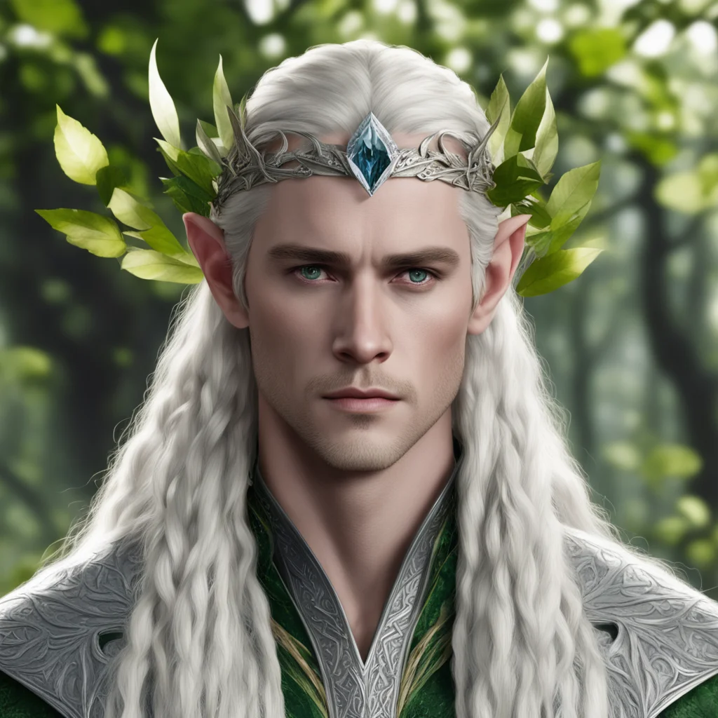 aiking thranduil with blond hair and braids wearing leaves of silver and large diamond cluster elvish circlet  good looking trending fantastic 1