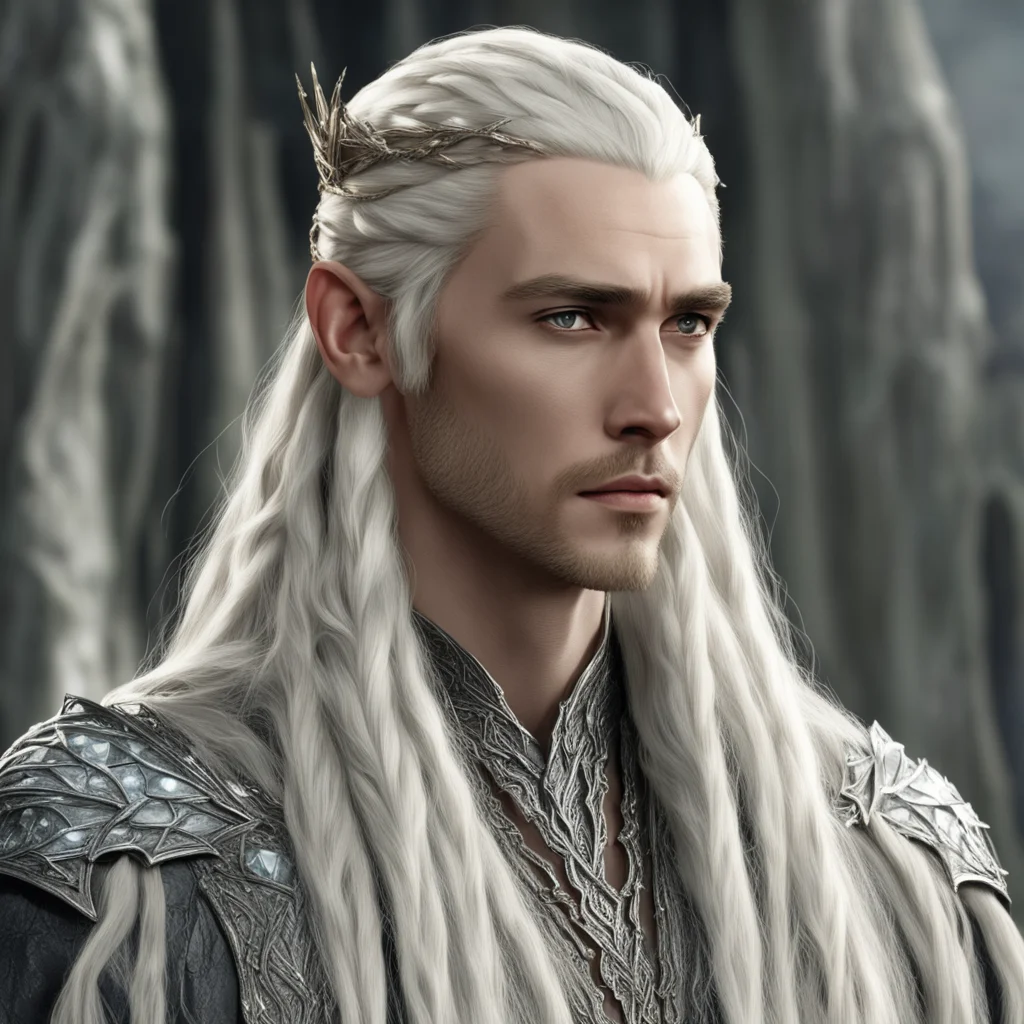 king thranduil with blond hair and braids wearing long silver string of large diamonds in the hair amazing awesome portrait 2