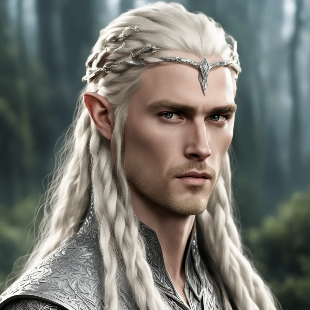 aiking thranduil with blond hair and braids wearing long silver string of large diamonds in the hair