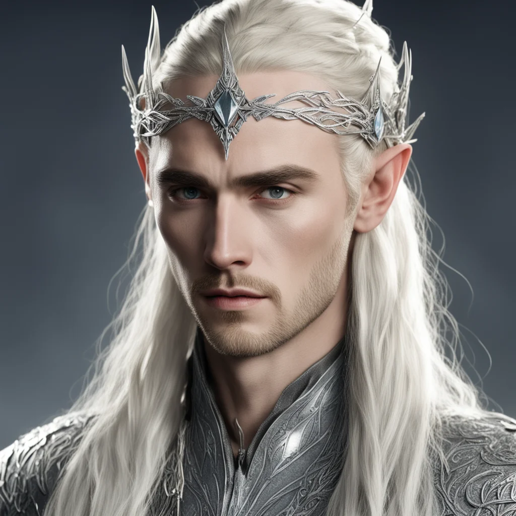 king thranduil with blond hair and braids wearing numerous silver and diamond elvish hair pins with small silver elvish circlet with large center diamond amazing awesome portrait 2