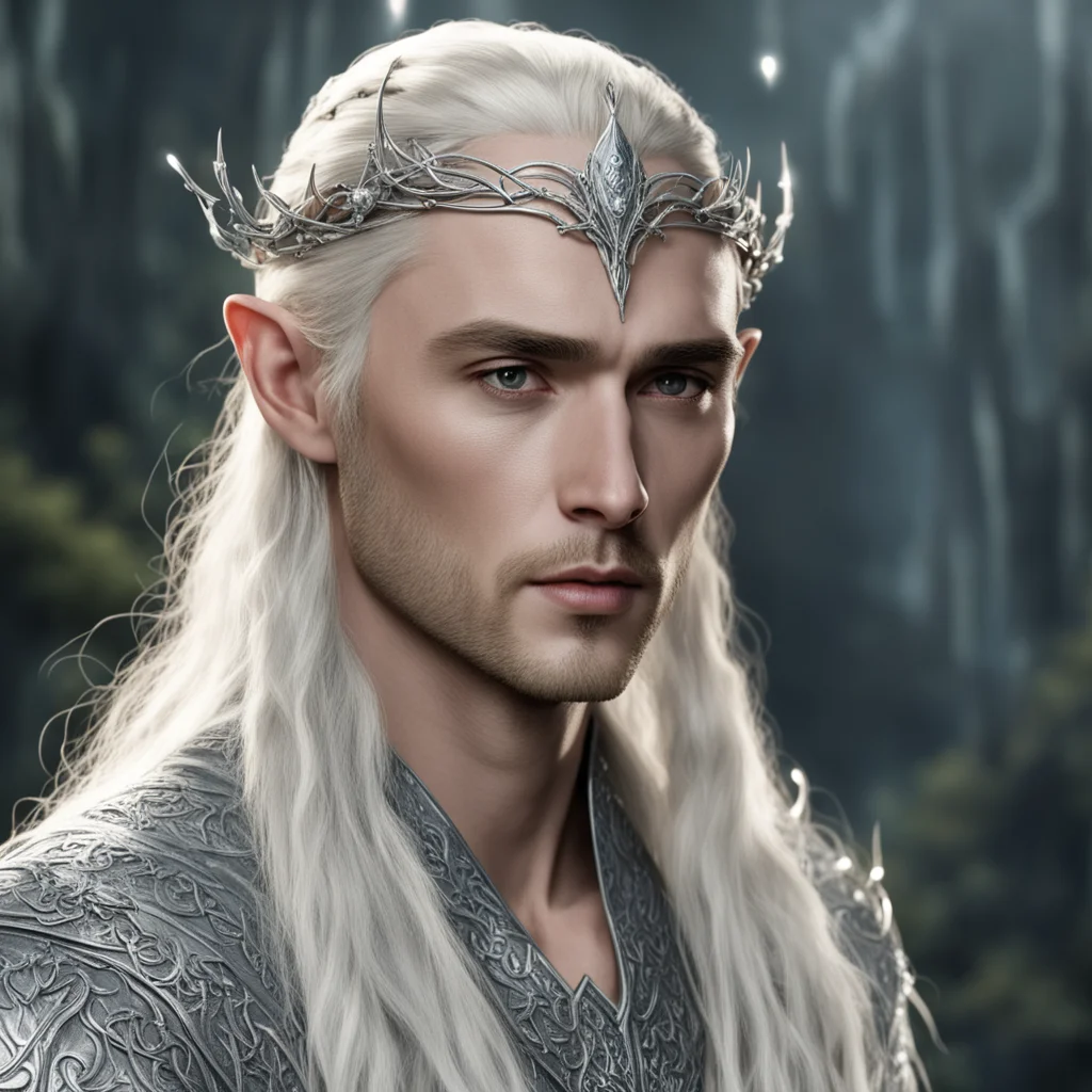 aiking thranduil with blond hair and braids wearing numerous silver and diamond elvish hair pins with small silver elvish circlet with large center diamond confident engaging wow artstation art 3