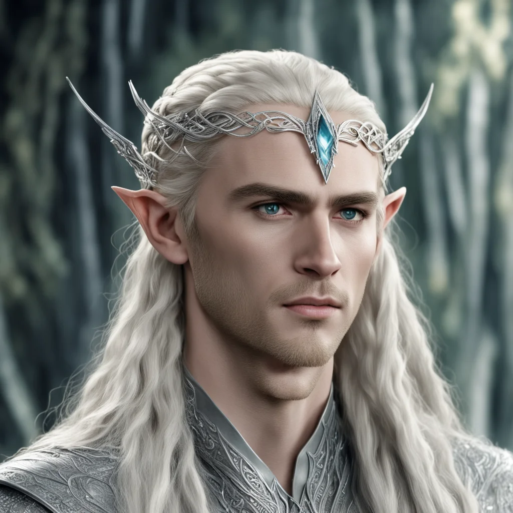 aiking thranduil with blond hair and braids wearing numerous silver and diamond elvish hair pins with small silver elvish circlet with large center diamond good looking trending fantastic 1