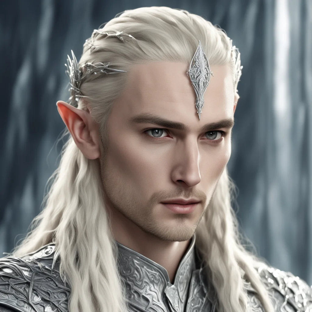 aiking thranduil with blond hair and braids wearing numerous silver and diamond elvish hair pins with small silver elvish circlet with large center diamond