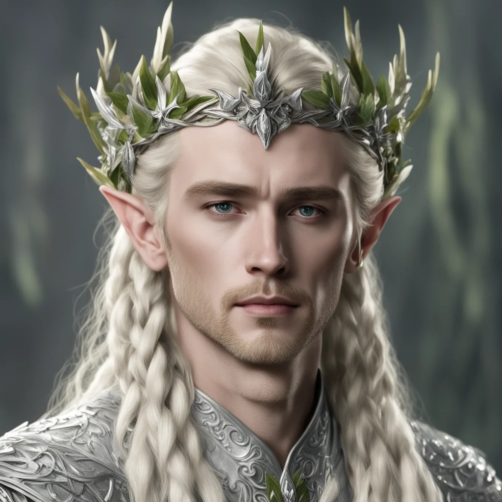 king thranduil with blond hair and braids wearing oak leaf of silver and large diamond cluster elvish wreath on head
