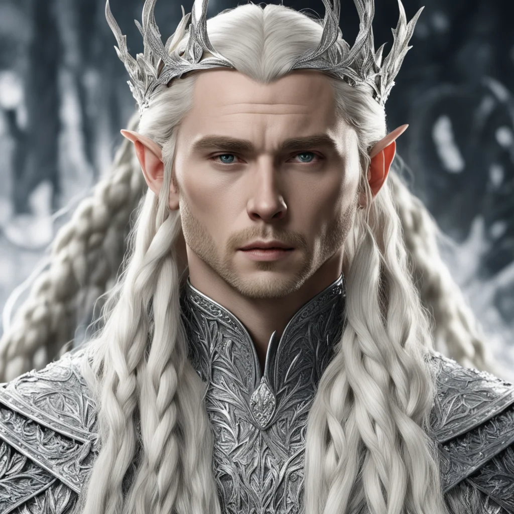 king thranduil with blond hair and braids wearing oak leaves of silver encrusted with diamonds with silver elvish circlet with large center diamond  amazing awesome portrait 2