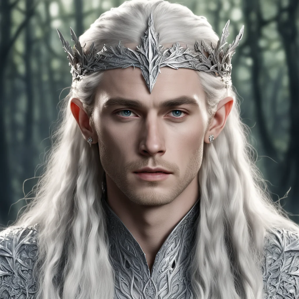 aiking thranduil with blond hair and braids wearing oak leaves of silver encrusted with diamonds with silver elvish circlet with large center diamond  confident engaging wow artstation art 3