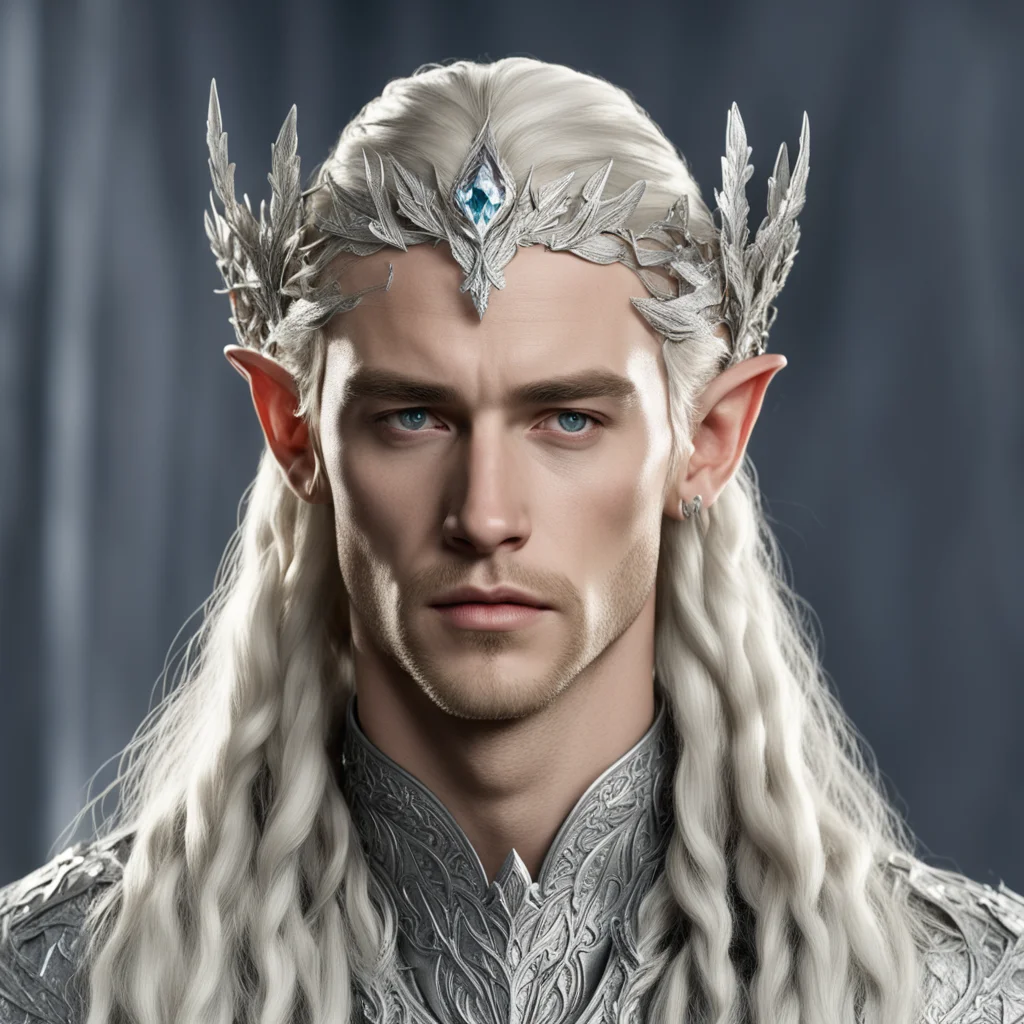 aiking thranduil with blond hair and braids wearing oak leaves of silver encrusted with diamonds with silver elvish circlet with large center diamond  good looking trending fantastic 1