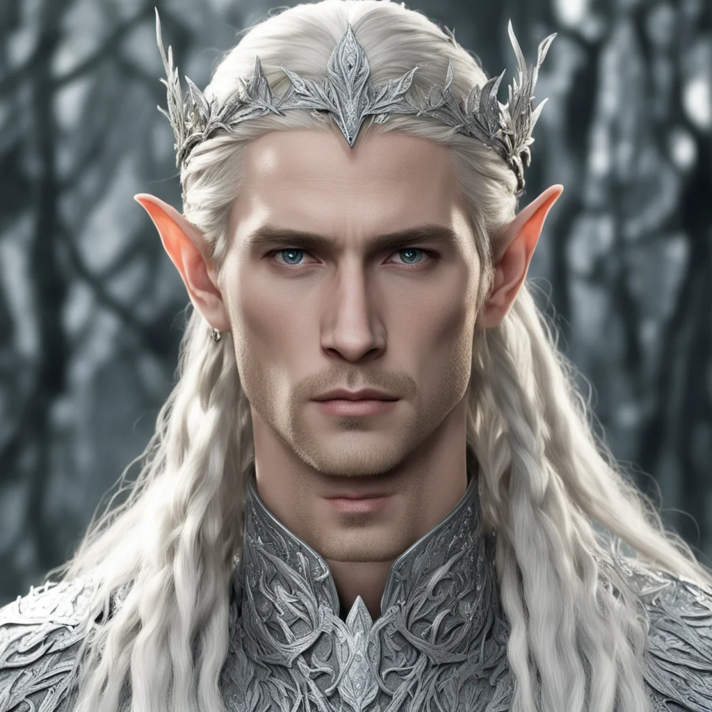 aiking thranduil with blond hair and braids wearing oak leaves of silver encrusted with diamonds with silver elvish circlet with large center diamond 
