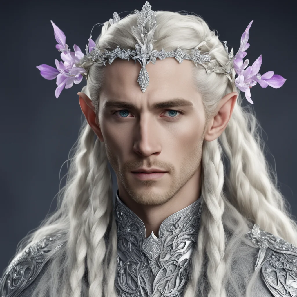 king thranduil with blond hair and braids wearing orchids made of silver encrusted with diamonds with clusters of diamonds coming together to form a silver elvish circlet with large center diamond  