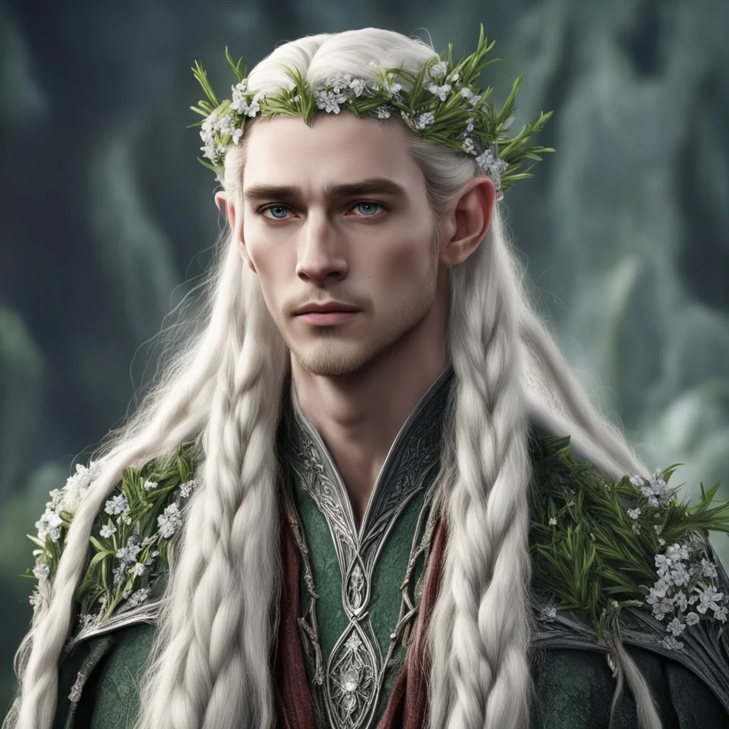 aiking thranduil with blond hair and braids wearing rosemary twigs made of silver with flowers made of diamonds in hair amazing awesome portrait 2