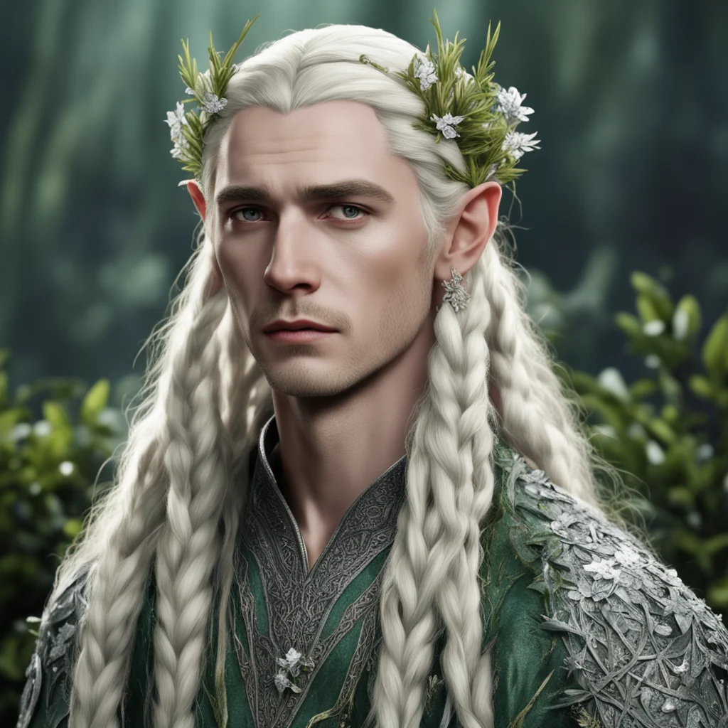 aiking thranduil with blond hair and braids wearing rosemary twigs made of silver with flowers made of diamonds in hair confident engaging wow artstation art 3