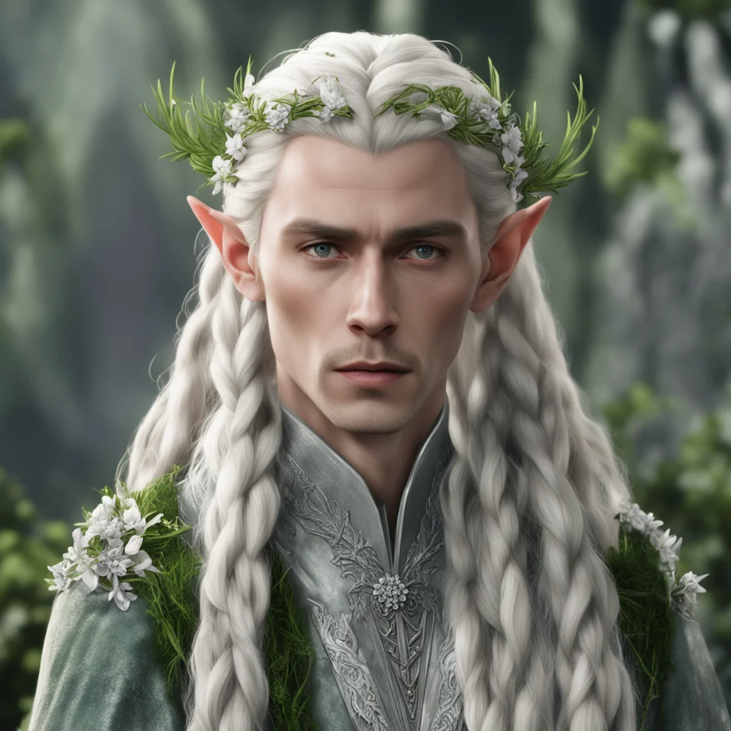 aiking thranduil with blond hair and braids wearing rosemary twigs made of silver with flowers made of diamonds in hair good looking trending fantastic 1