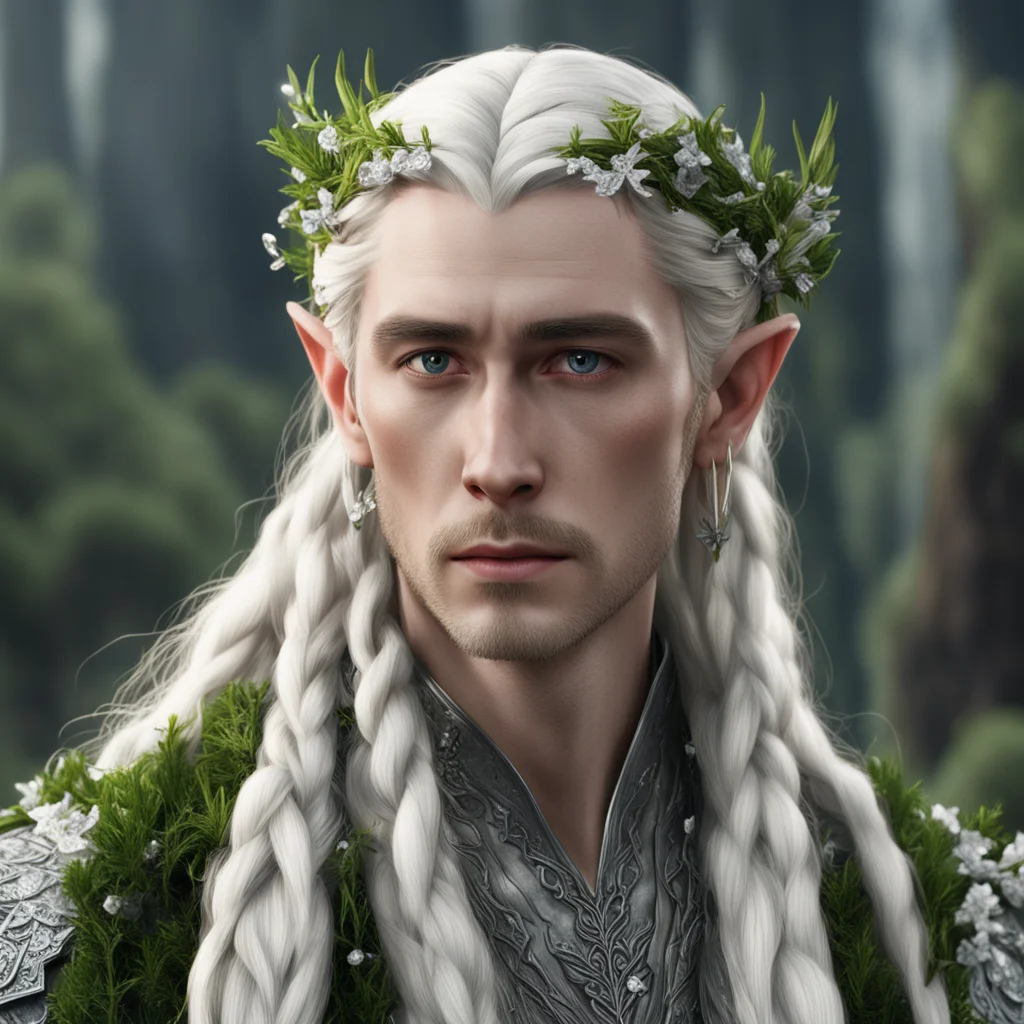 king thranduil with blond hair and braids wearing rosemary twigs made of silver with flowers made of diamonds in hair