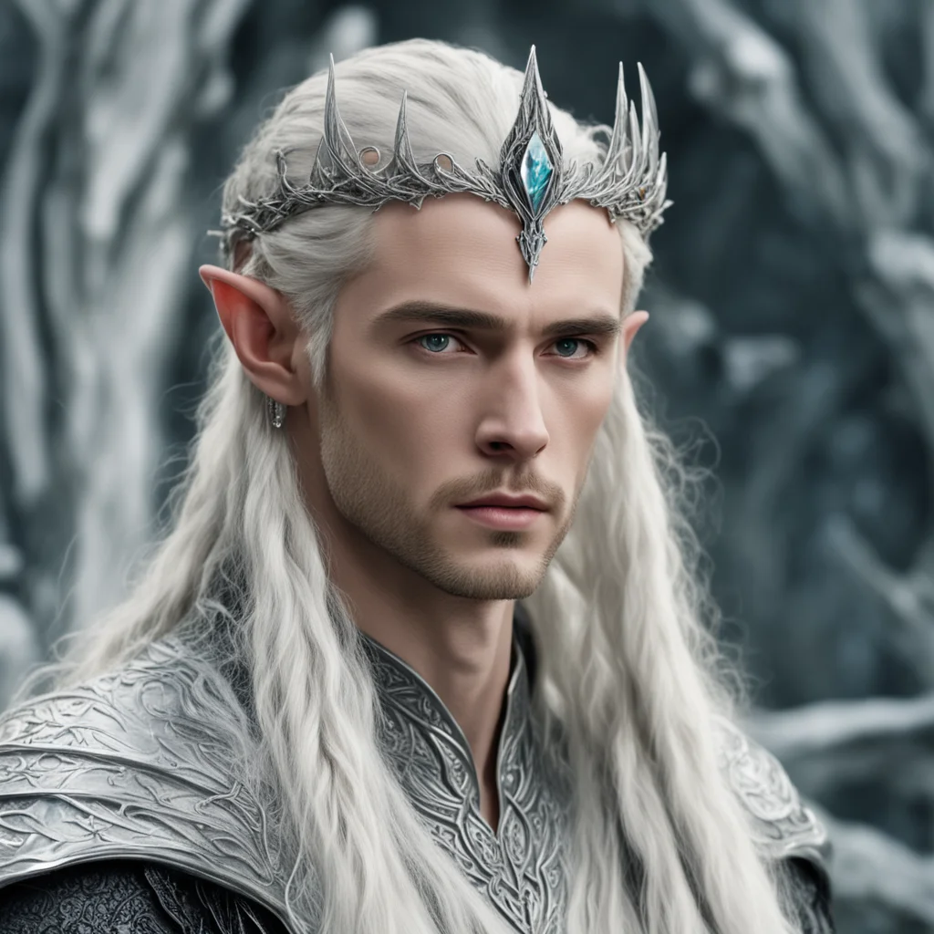 aiking thranduil with blond hair and braids wearing silver and diamond elvish hair pins and silver serpentine elvish circlet with large center diamond amazing awesome portrait 2