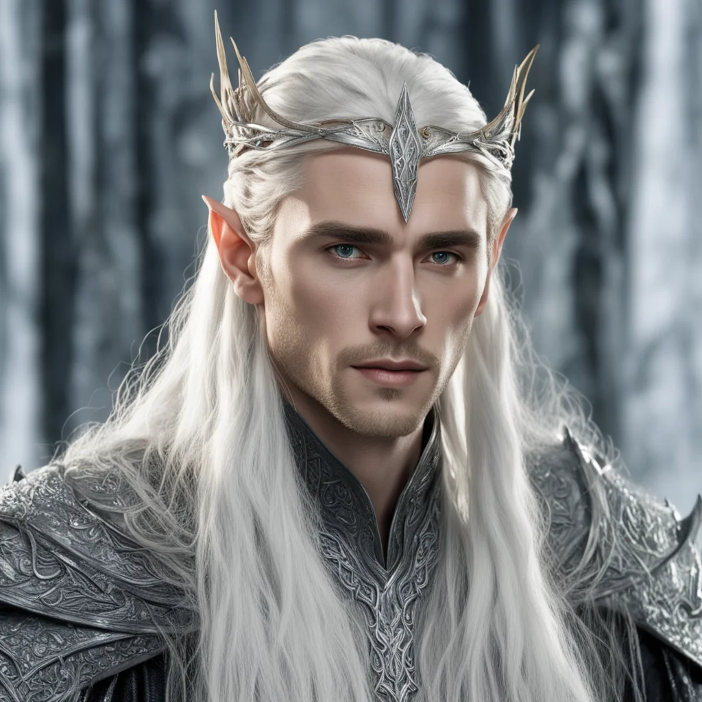 aiking thranduil with blond hair and braids wearing silver and diamond elvish hair pins and silver serpentine elvish circlet with large center diamond confident engaging wow artstation art 3