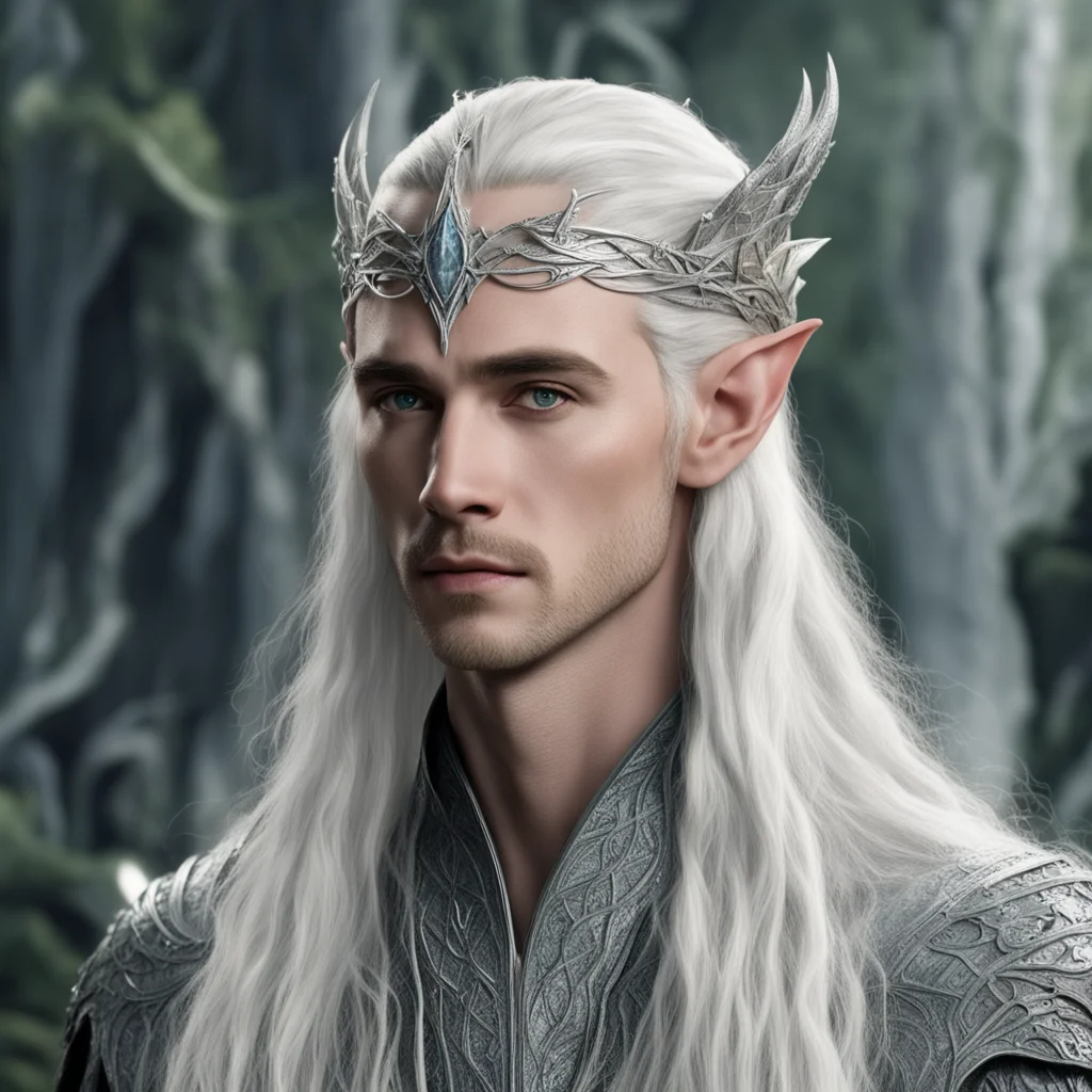aiking thranduil with blond hair and braids wearing silver and diamond elvish hair pins and silver serpentine elvish circlet with large center diamond good looking trending fantastic 1