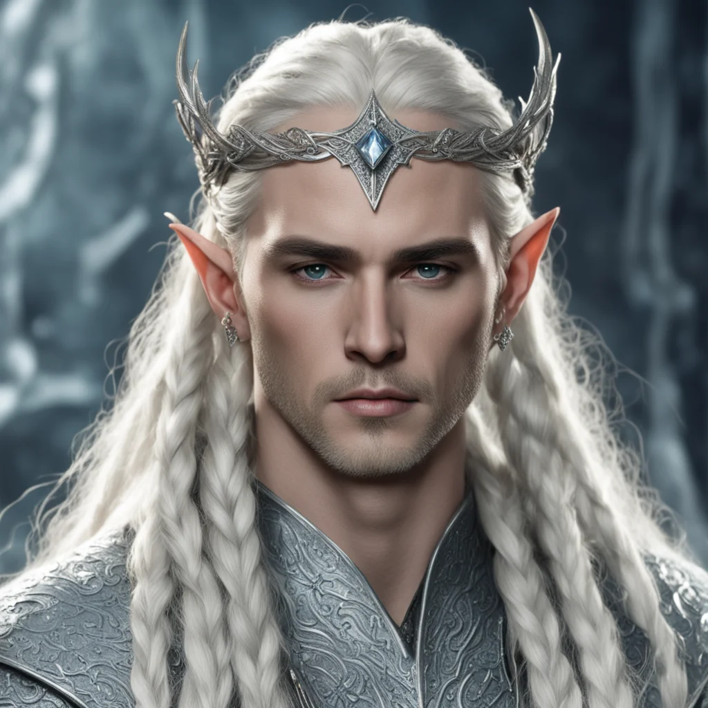 aiking thranduil with blond hair and braids wearing silver and diamond hair pins with silver serpentine elvish circlet encrusted with diamonds with large center diamond 