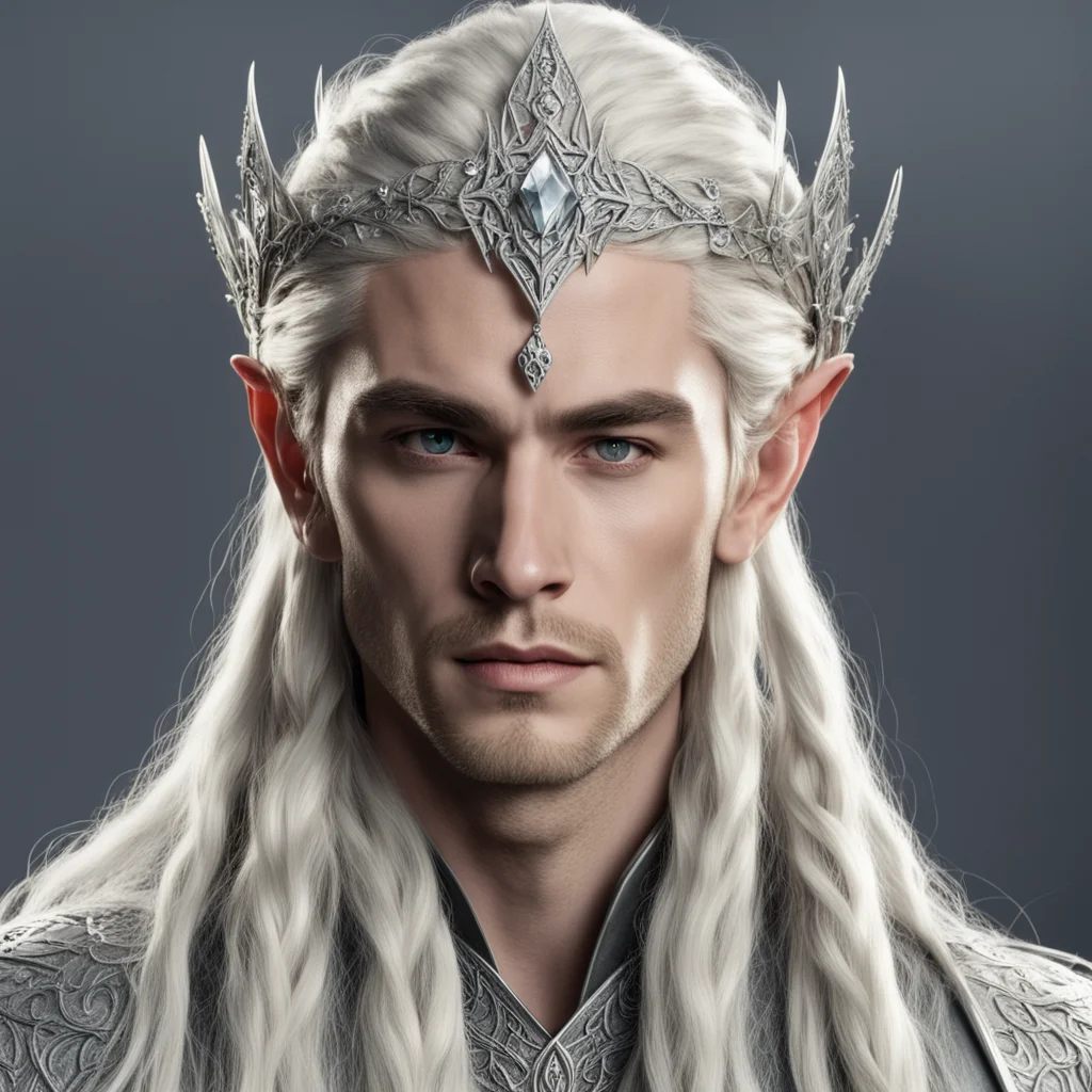 aiking thranduil with blond hair and braids wearing silver and diamond rosettes to form silver elvish circlet with large center diamond amazing awesome portrait 2