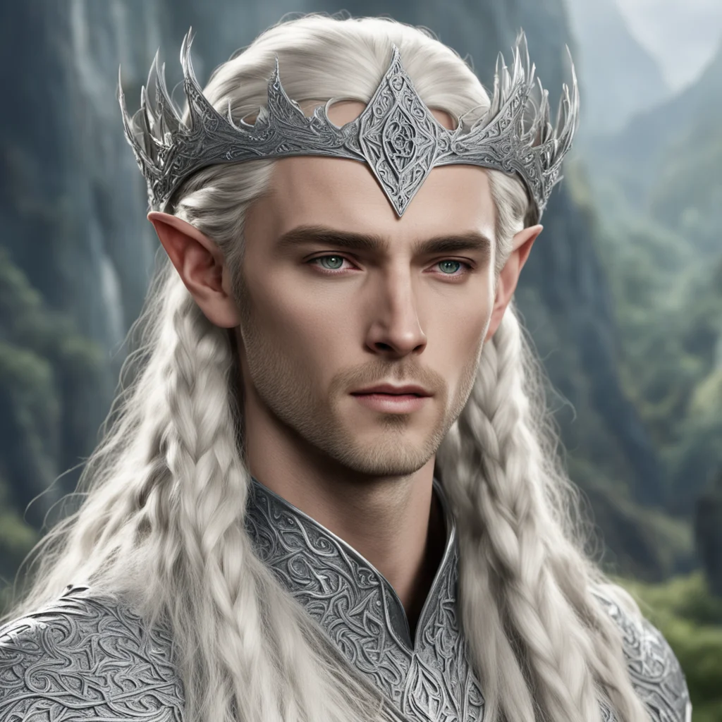 aiking thranduil with blond hair and braids wearing silver and diamond rosettes to form silver elvish circlet with large center diamond good looking trending fantastic 1