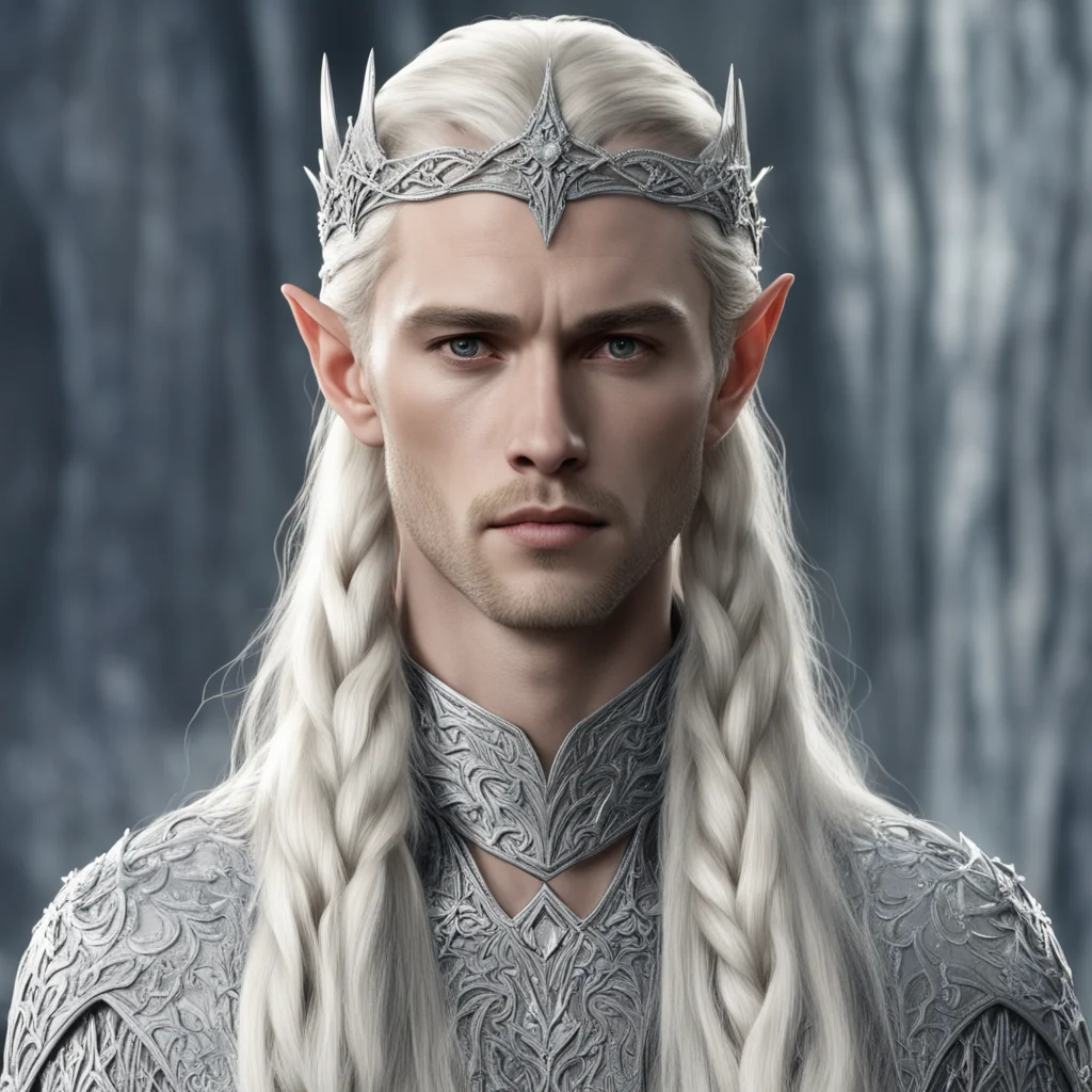 king thranduil with blond hair and braids wearing silver and diamond rosettes to form silver elvish circlet with large center diamond