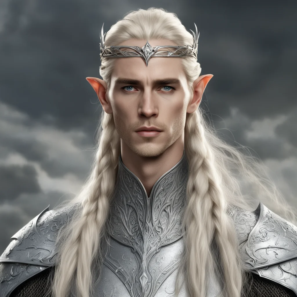 aiking thranduil with blond hair and braids wearing silver armor and silver elvish circlet with large center diamond good looking trending fantastic 1