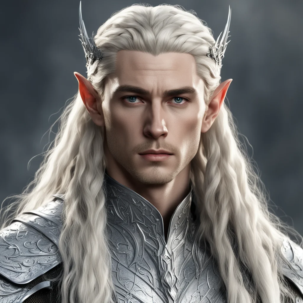 aiking thranduil with blond hair and braids wearing silver armor and silver elvish circlet with large center diamond