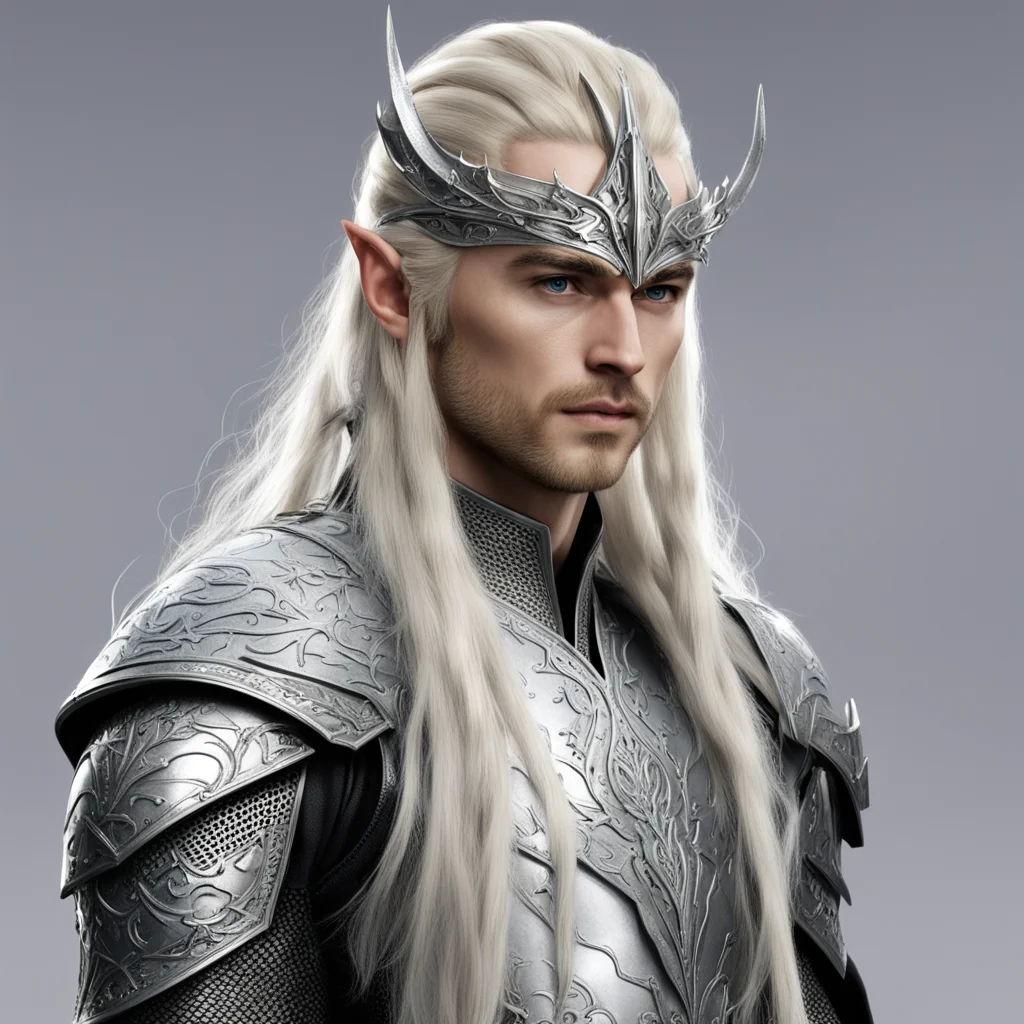 aiking thranduil with blond hair and braids wearing silver armor wearing silver elvish helmet with large center diamond  good looking trending fantastic 1