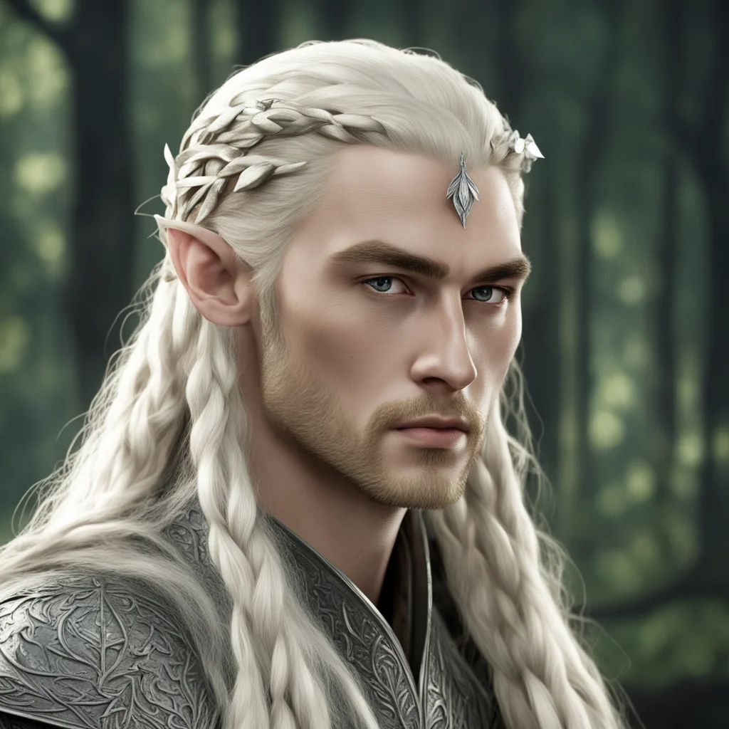 aiking thranduil with blond hair and braids wearing silver beech leaf  and large diamond elvish hair forks amazing awesome portrait 2