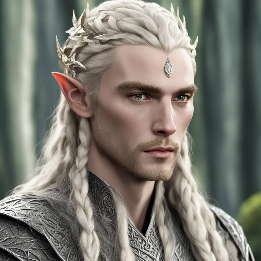 aiking thranduil with blond hair and braids wearing silver beech leaf  and large diamond elvish hair forks good looking trending fantastic 1