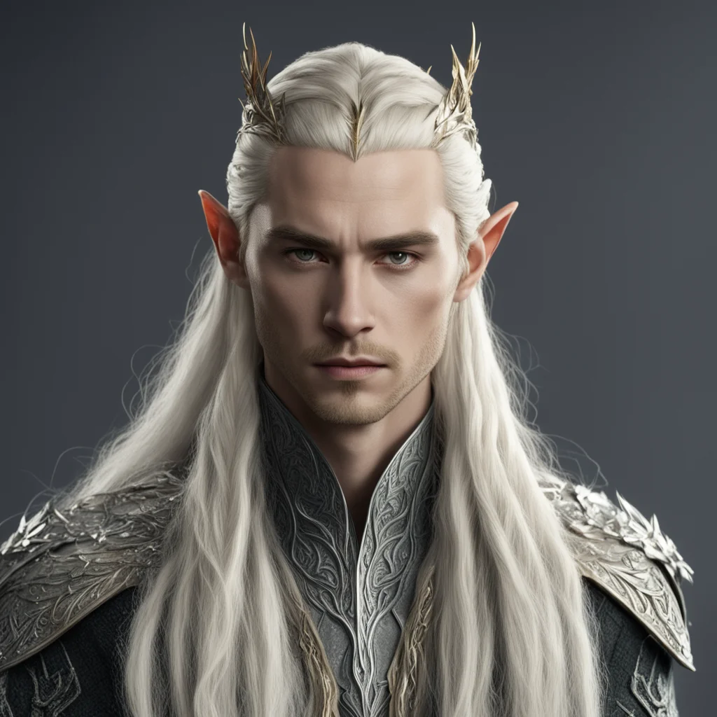 aiking thranduil with blond hair and braids wearing silver beech leaf  and large diamond elvish hair forks
