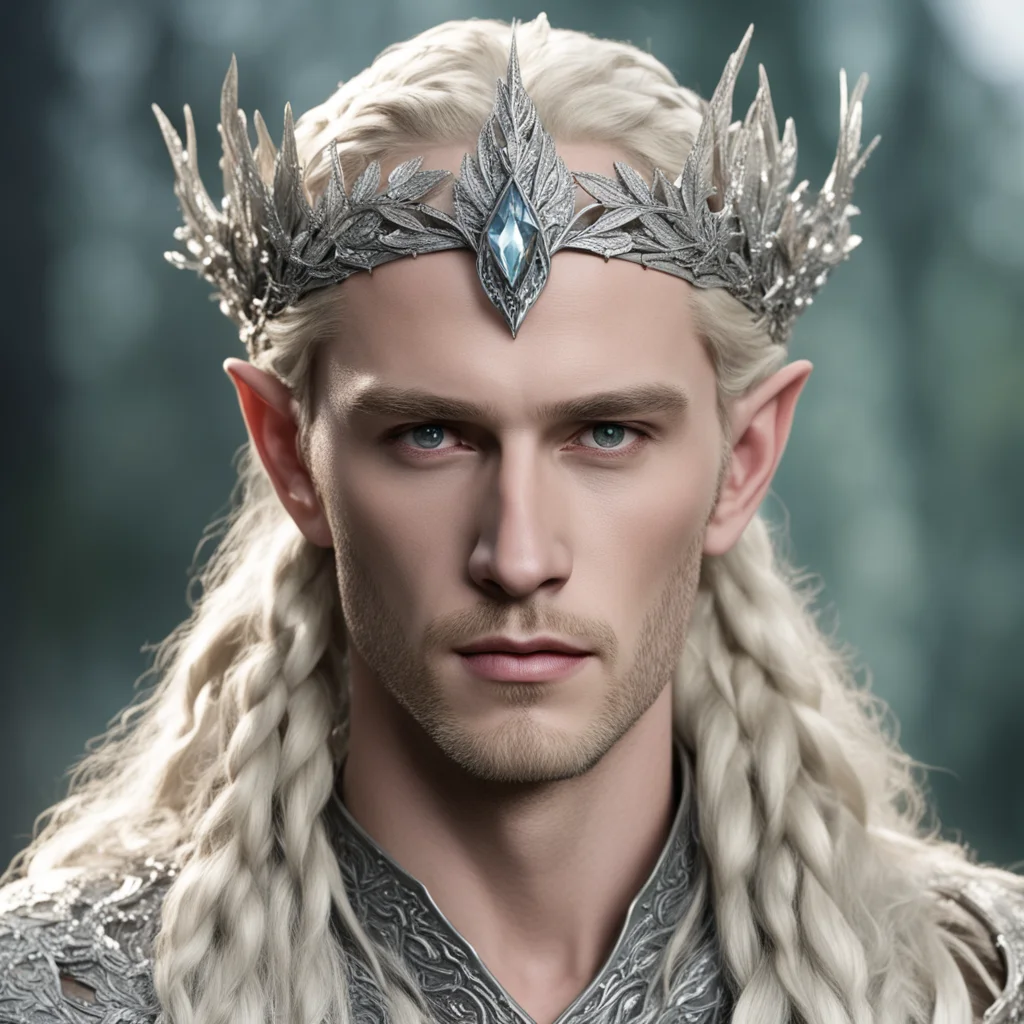 king thranduil with blond hair and braids wearing silver beech leaf elvish circlet heavily encrusted with diamonds with large center diamond cluster amazing awesome portrait 2