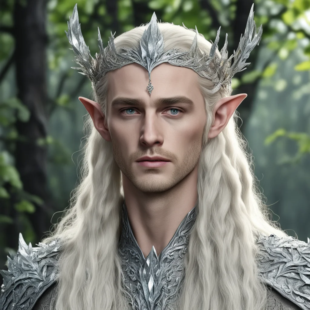 king thranduil with blond hair and braids wearing silver beech leaf elvish circlet heavily encrusted with diamonds with large center diamond cluster confident engaging wow artstation art 3