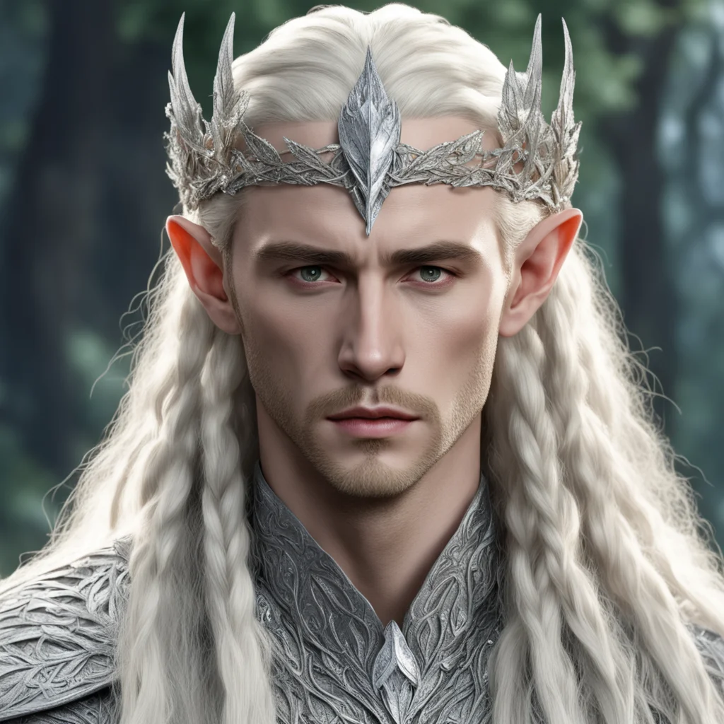 king thranduil with blond hair and braids wearing silver beech leaf elvish circlet heavily encrusted with diamonds with large center diamond cluster good looking trending fantastic 1