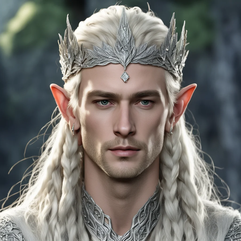 aiking thranduil with blond hair and braids wearing silver beech leaf elvish circlet heavily encrusted with diamonds with large center diamond cluster